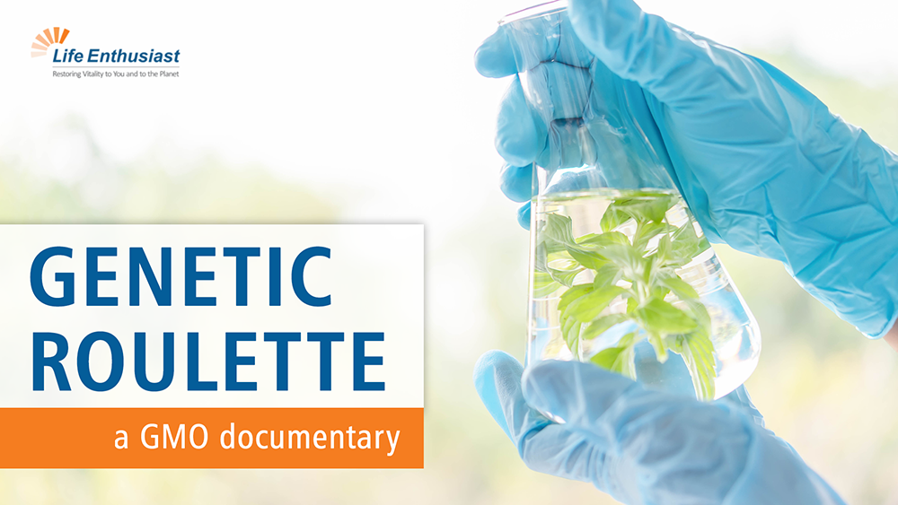 Genetic Roulette a GMO documentary - Hands wearing blue gloves and carrying flask with water and green leaves
