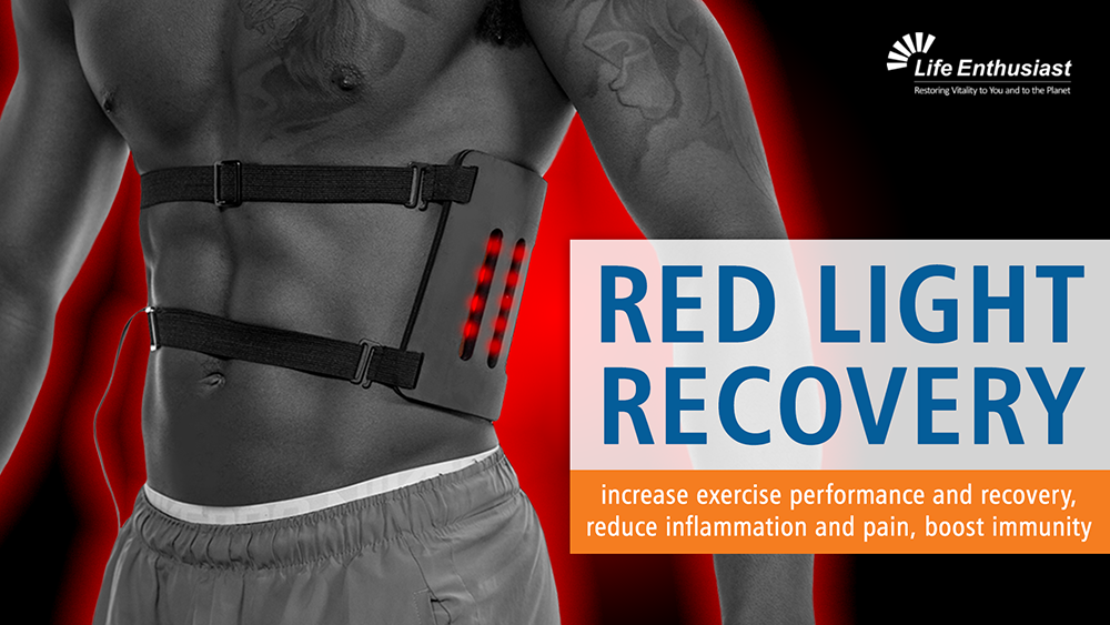 Muscled male wearing a back belt with text Red Light Recovery increase exercise performance and recovery, reduce inflammation and pain, boost immunity