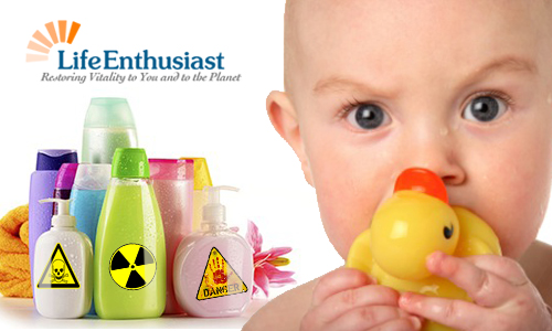 concept child with bottles of toxic  products
