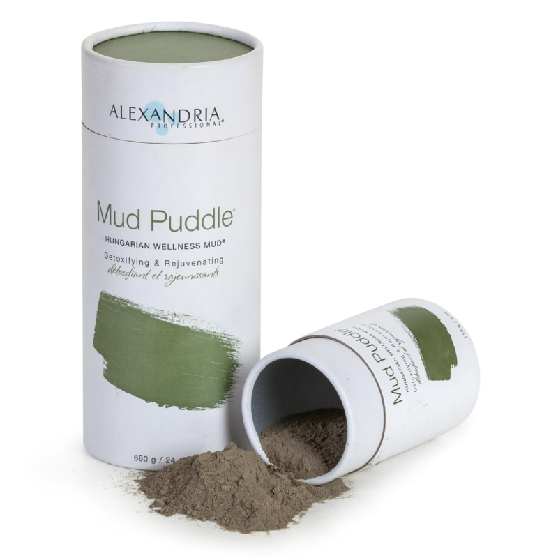 Two packings of Alexandria Professionals Mud Puddle Hungarian Mud where one bottle showing mud spilling out of it