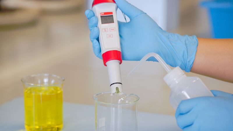blue gloved hands using pH testing instrument