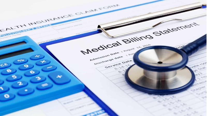 clipboard Medical Billing Statement with stethoscope and calculator