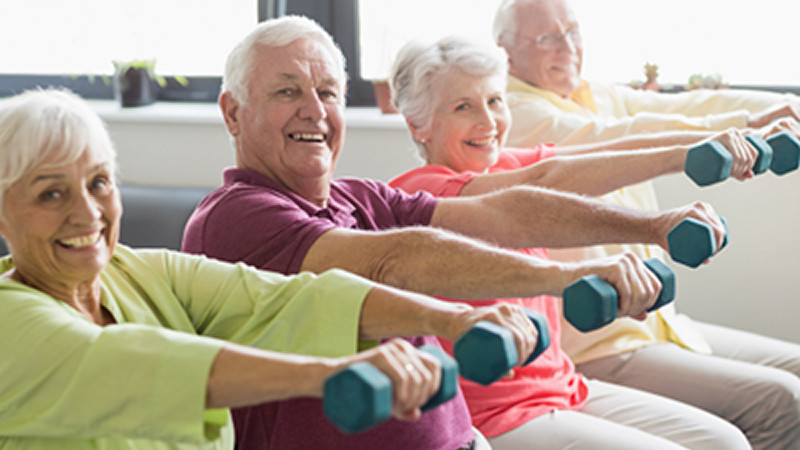 line up of 4 older people sitting with weights in outstretched hands