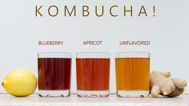 words KOMBUCHA! Blueberry, Apricot, Unflavored, 3 glasses of tea, lemon and ginger