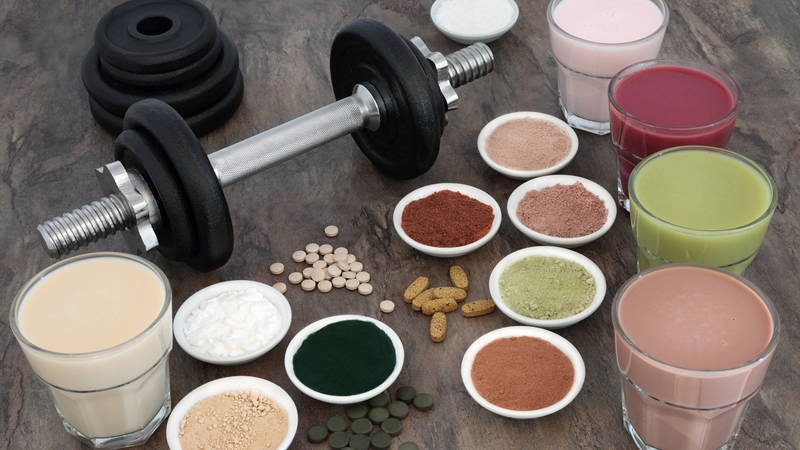 smoothies, powders, tablets and weights for body building