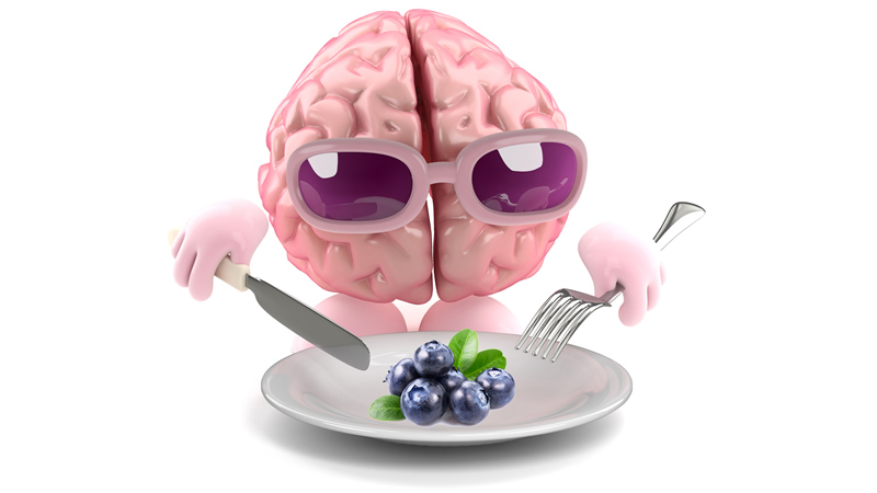 cartoon image of brain with sunglasses, eating blueberries