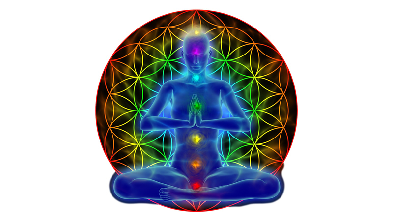 blue woman figure in yoga lotus position, colored chakras shown, huge mandala behind