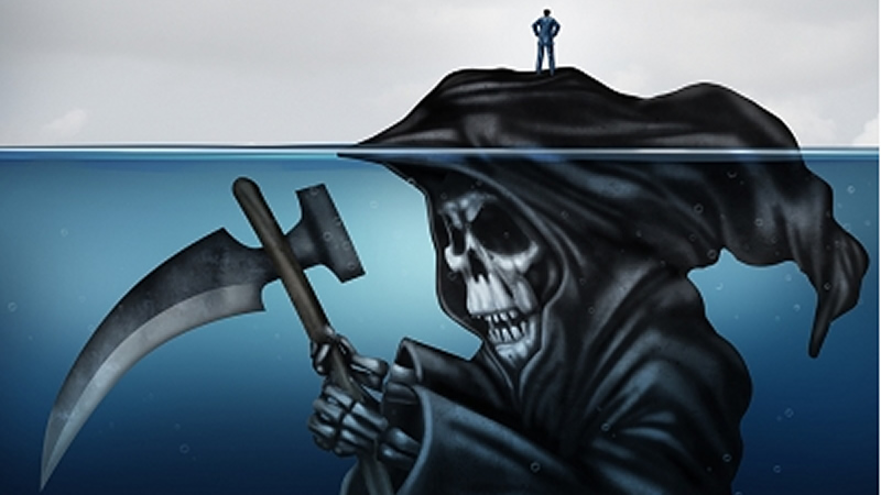 grim reaper mostly under water, man standing on his head above water