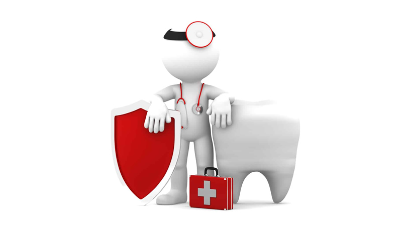white dentist character leaning on giant tooth with red first aid case