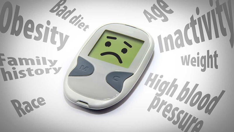 blood sugar monitor with sad face and words race, family history, obesity, bad diet, age, inactivity, weight, high blood pressure
