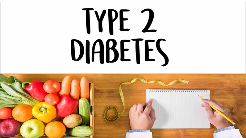 words Type 2 Diabetes with fruit, vegetables, notepad and measuring tape