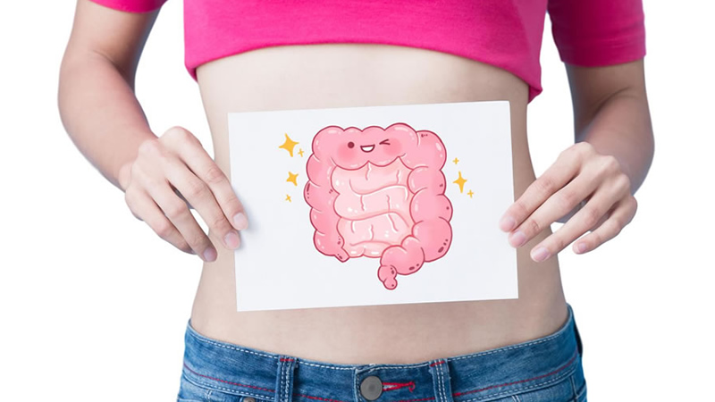 woman holding cartoon of happy large bowel in front of her bare belly