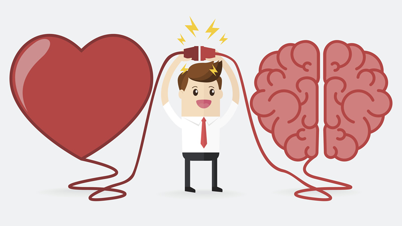 cartoon of man plugging in a heart to a brain