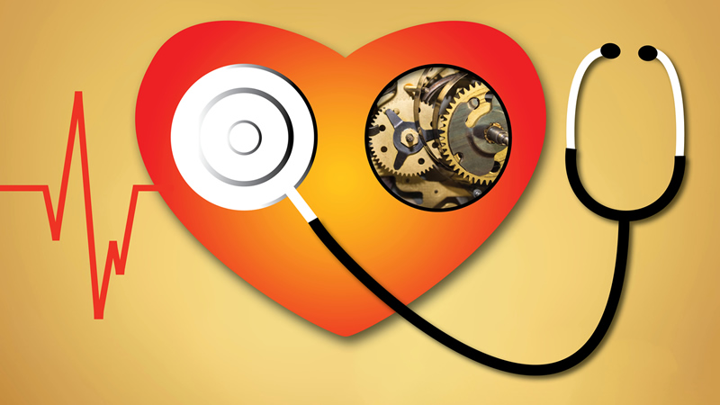 red heart with gears and stethoscope inside