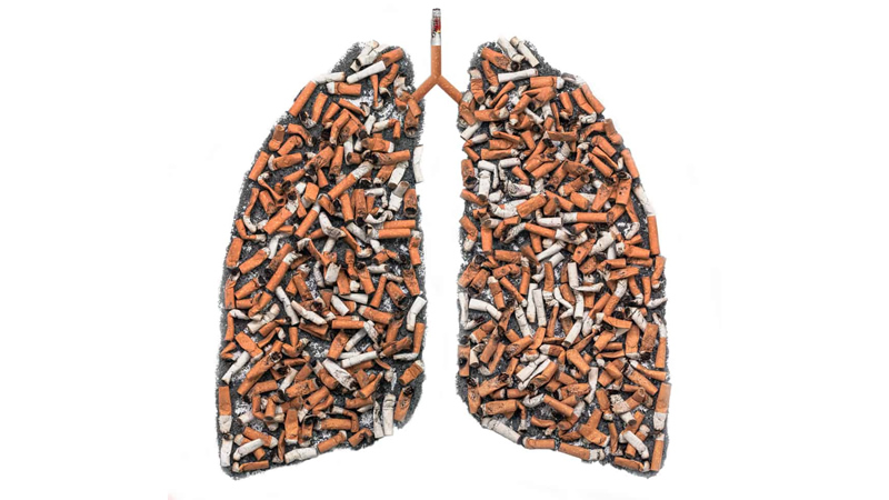top view of cigarette butts in shape of lungs