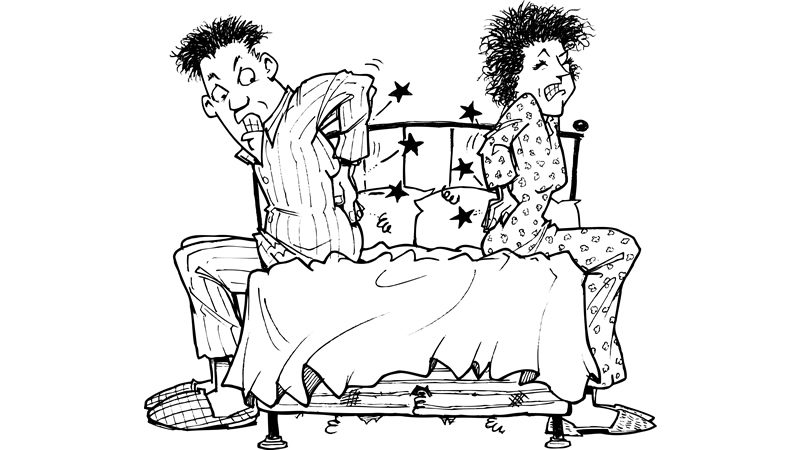 cartoon of couple getting out of bed with back pain