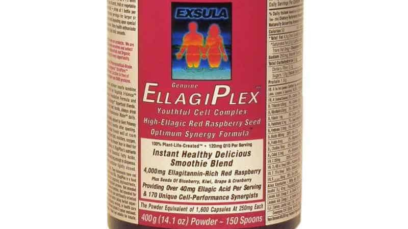 close up of Exsula Superfoods, EllagiPlex label