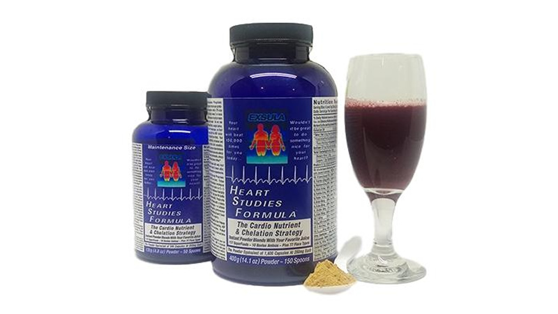 Exsula Superfoods, Heart Studies Formula with spoon of powder an glassful