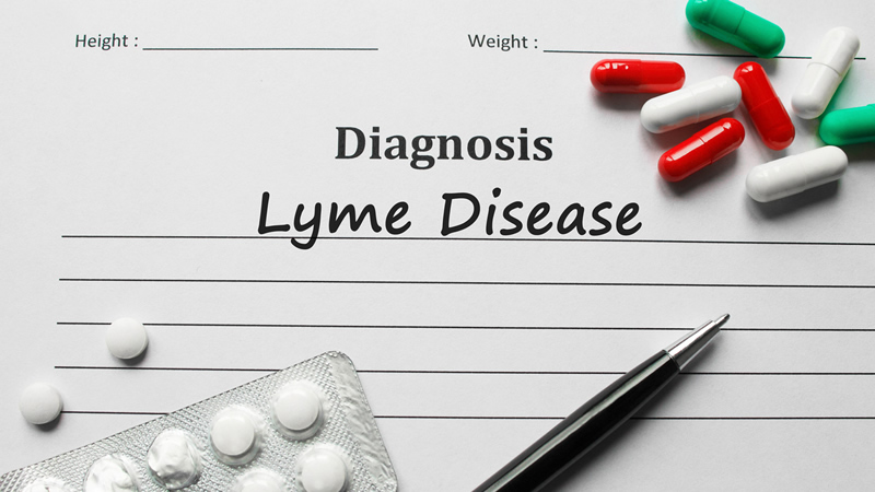 words Diagnosis Lyme Disease on paper with pen, capsules and tablets