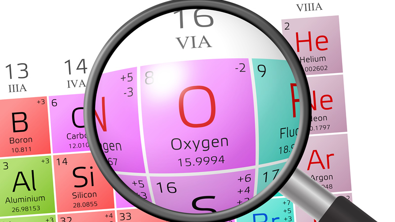 magnifying glass on periodic table showing Oxygen