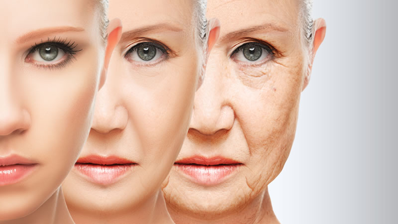 3 images of womans face aging