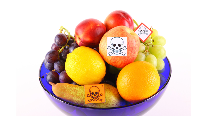 bowl of fruit with skull and crossbones stickers