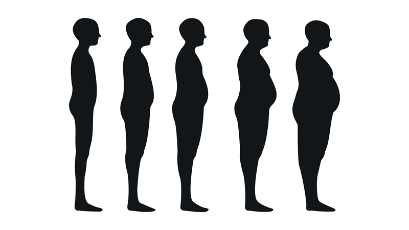 5 side view silhouettes of man from thin to fat