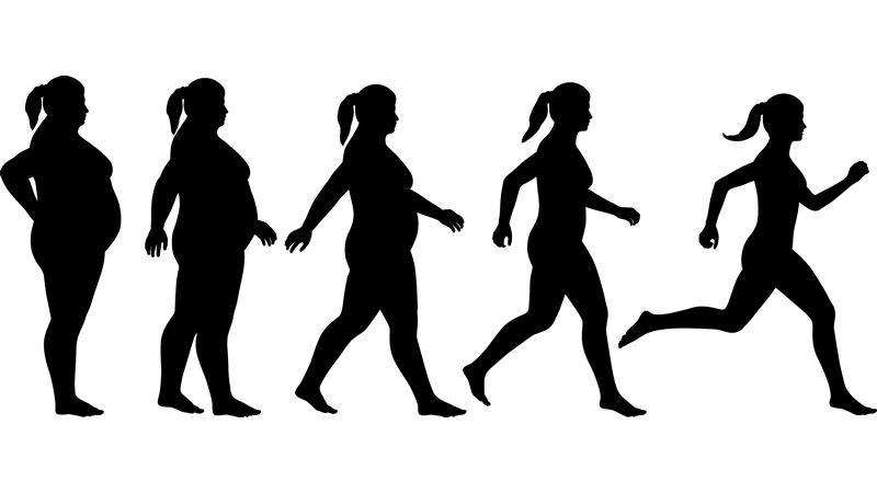 womans silhouette progressing from standing fat to running thin